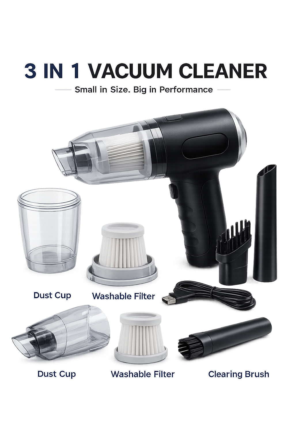 3-in-1 Portable Wireless Car Vacuum Cleaner | USB Rechargeable Handheld Mini Vacuum Cleaner
