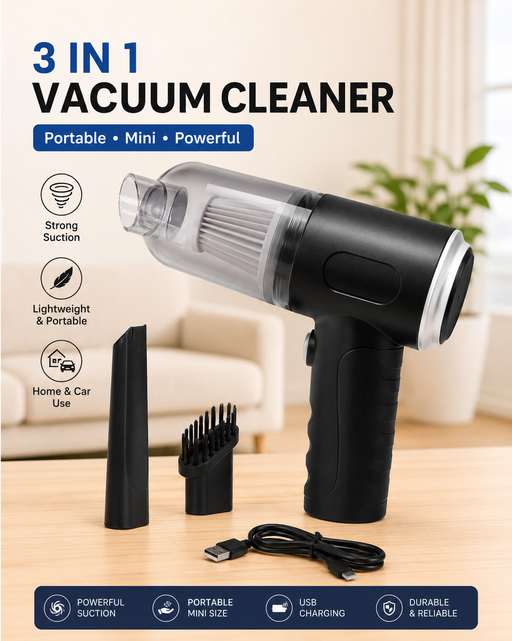 3-in-1 Portable Wireless Car Vacuum Cleaner | USB Rechargeable Handheld Mini Vacuum Cleaner