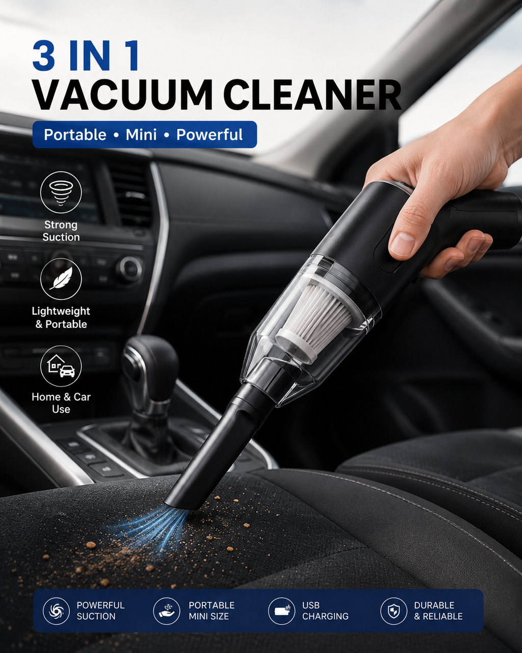 3-in-1 Portable Wireless Car Vacuum Cleaner | USB Rechargeable Handheld Mini Vacuum Cleaner