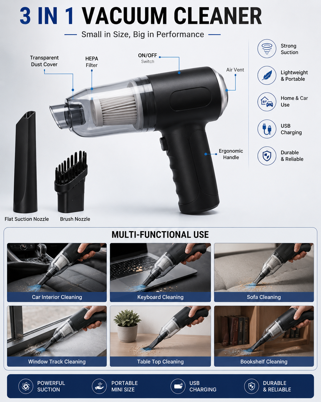 3-in-1 Portable Wireless Car Vacuum Cleaner | USB Rechargeable Handheld Mini Vacuum Cleaner