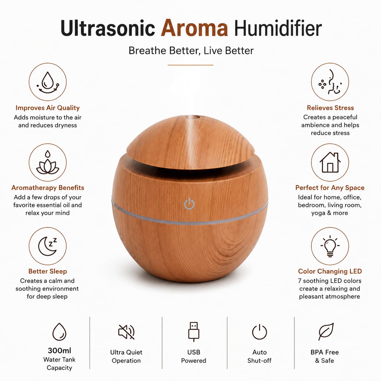 Ultrasonic Aroma Humidifier | USB Mini Essential Oil Diffuser with Color Changing LED Light for Home, Bedroom & Office